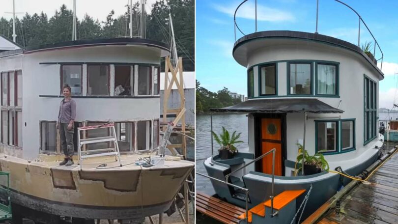 Ils ont acheté un vieux bateau et l'ont transformé en une belle petite maison avec une terrasse.